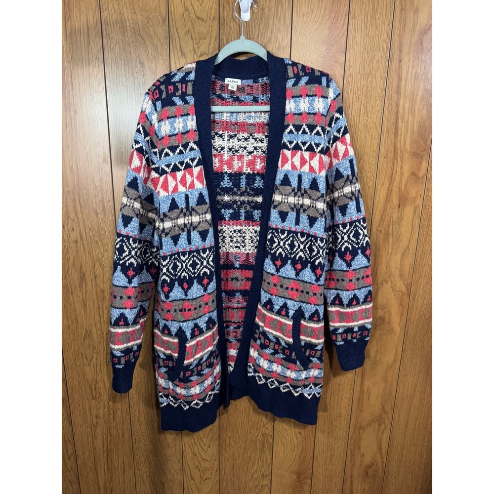 LL Bean Womens XL Fair Isle Open Front Cardigan Sweater Navy Blue Red Geometric